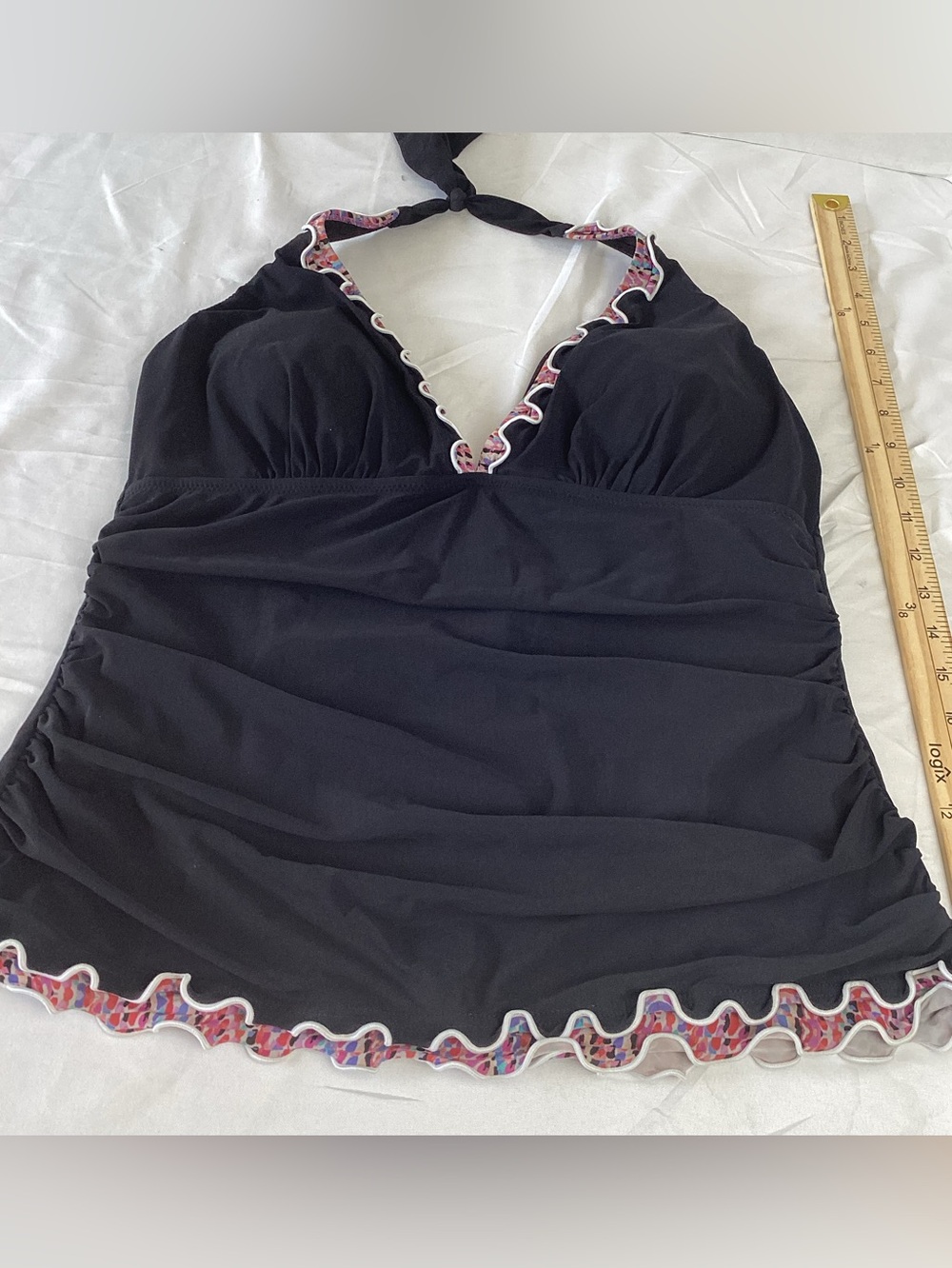 Profile Black Halter Ruffle-Trim Tankini Top